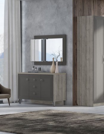 Комод 2дв, 3ящ Лежер КМ-3103 дуб серый/холст вулканический(СанТан) в Заречном - zarechnyj.mebel-e96.ru